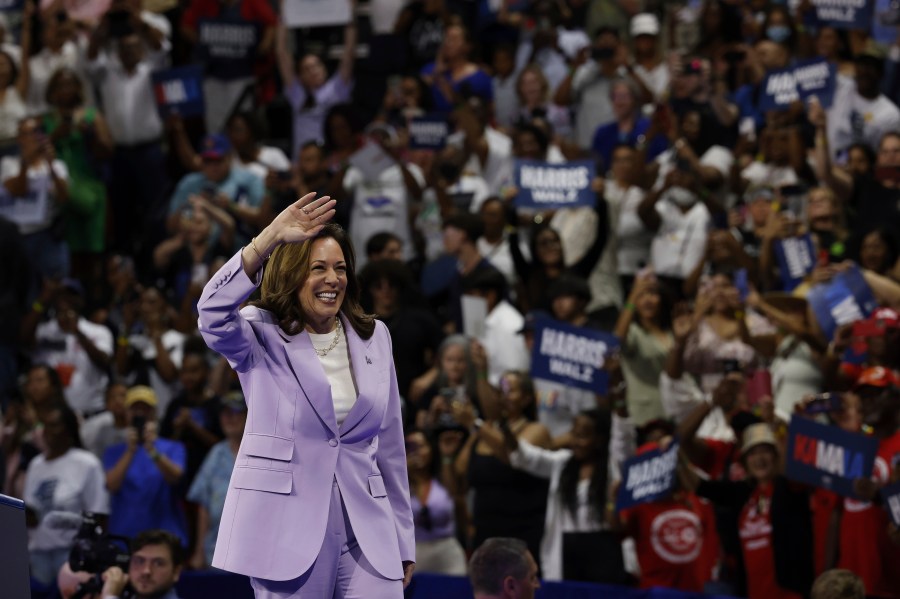 Vice President Kamala Harris and Governor Tim Waltz host a campaign rally at University of Las Vegas Thomas and Mack Center in Las Vegas, on Saturday, August 10, 2024. (Yalonda M. James/San Francisco Chronicle via AP)