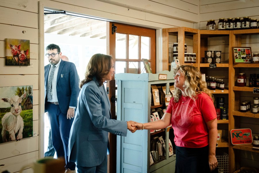 Democratic presidential nominee Vice President Kamala Harris greets Bayleaf Market owner Courtney Pernell in Raleigh, N.C., Friday, Aug. 16, 2024. (Erin Schaff/The New York Times via AP, Pool)