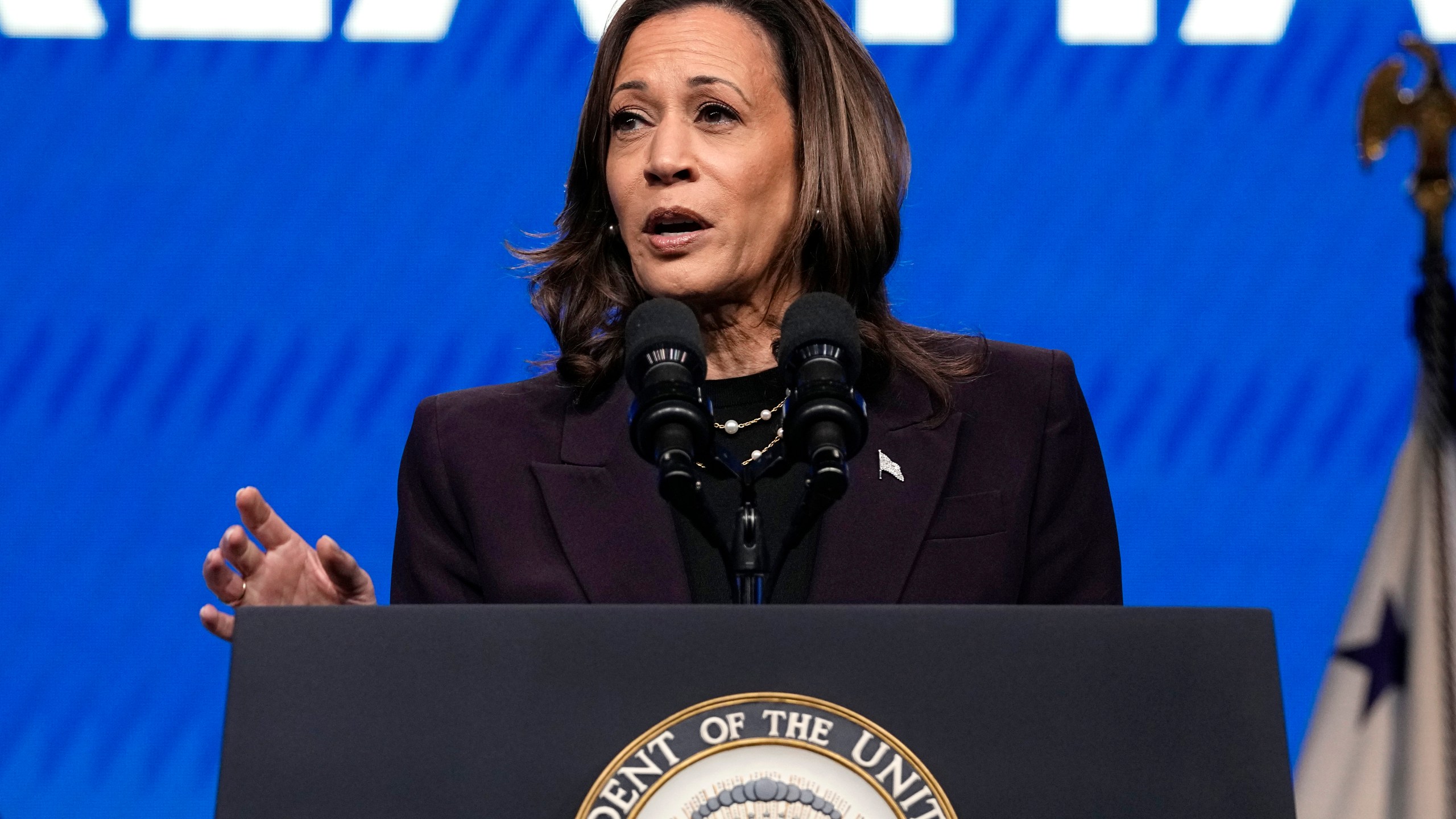 FILE - Vice President Kamala Harris speaks during the American Federation of Teachers' 88th national convention, July 25, 2024, in Houston. Immediately after President Joe Biden left the race a week ago, Harris began to craft her own narrative around the economy. Not once in speeches did she mention the word "inflation," the overwhelming economic challenge that has dogged Biden's administration. Republicans have quickly moved to blame Harris for the inflation that less than a week ago they pinned on Biden. (AP Photo/Tony Gutierrez, File)