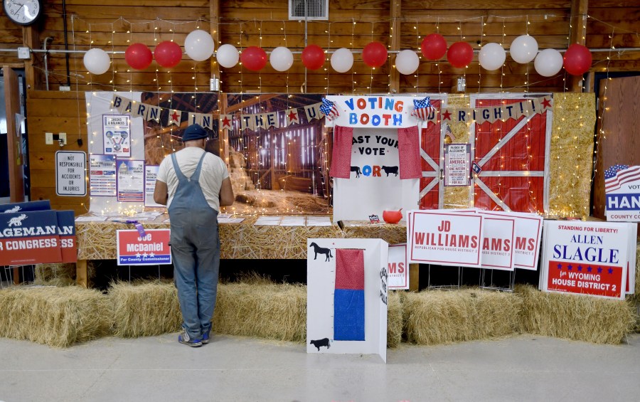 Pat Jordan, a registered Republican who describes himself as a progressive, looks at a get-out-the-vote display at the Niobrara County Fair in Lusk, Wyo., on July 31, 2024. (AP Photo/Thomas Peipert)