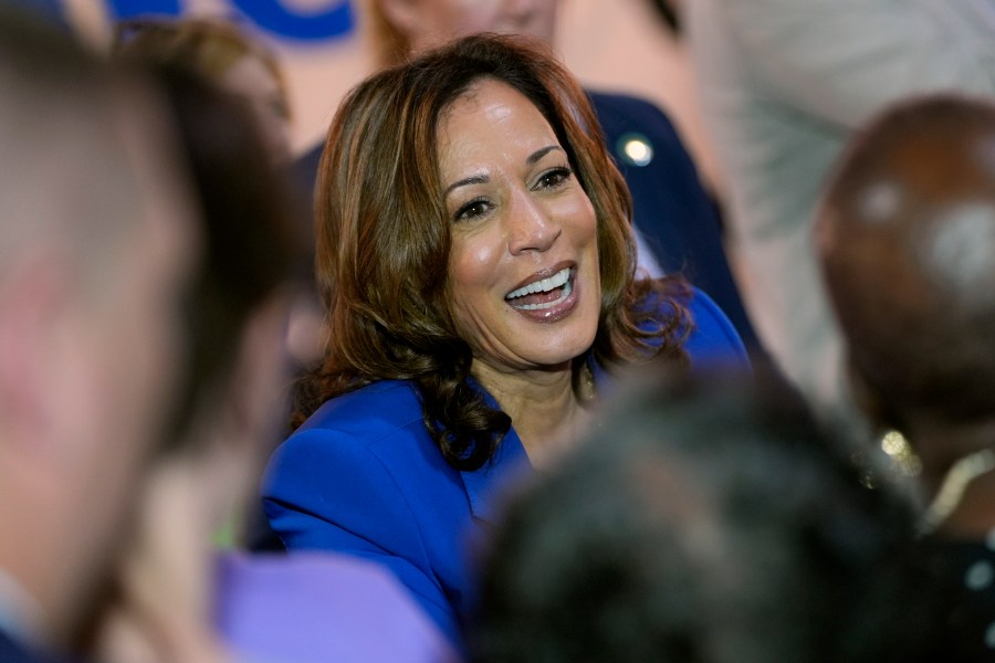 Democratic presidential nominee Vice President Kamala Harris greets supporters at a campaign event, Sunday, Aug. 18, 2024, in Rochester, Pa. (AP Photo/Julia Nikhinson)