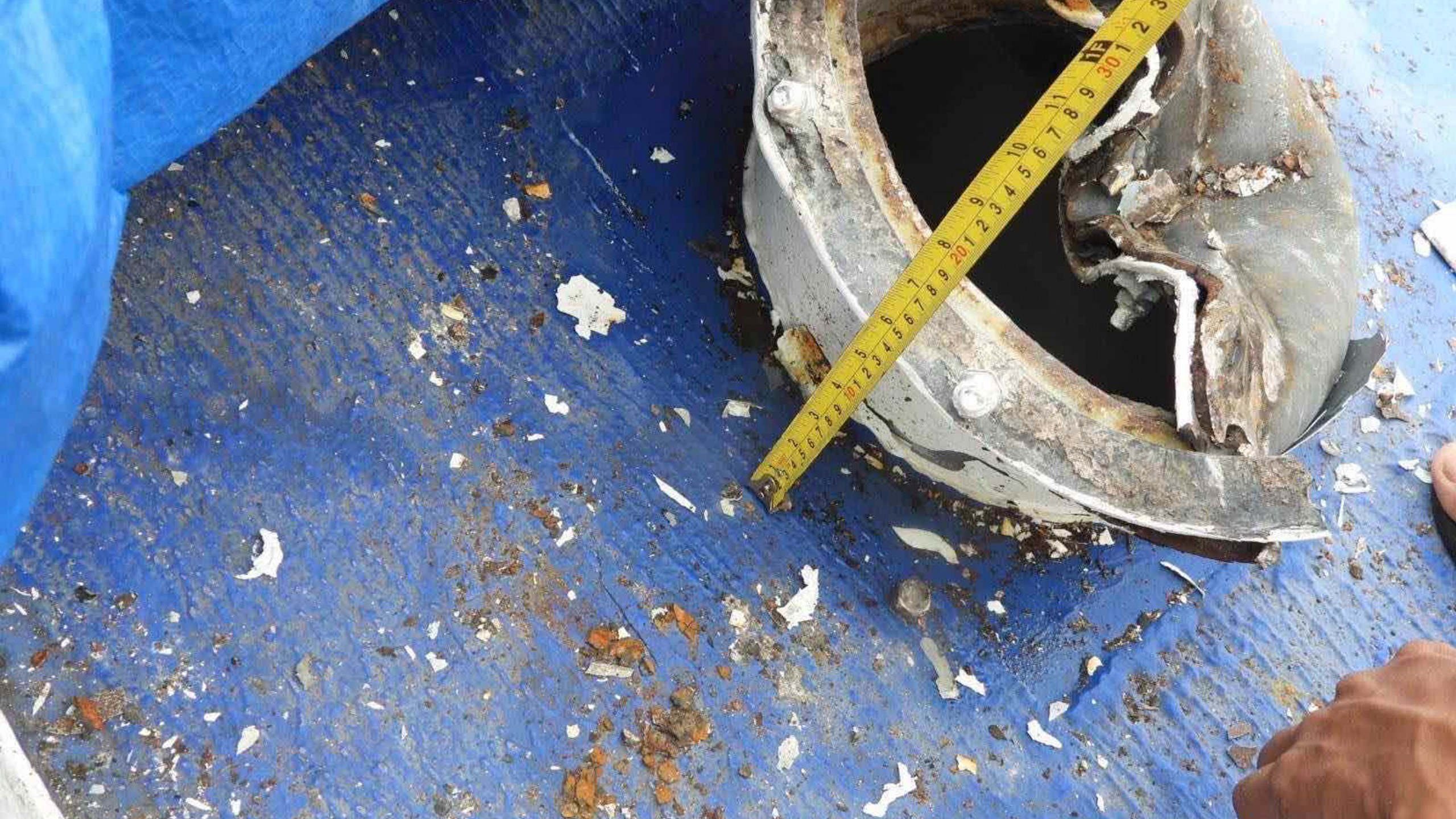 This photo provided by the Philippine Coast Guard, shows damage on the Philippines coast guard vessel BRP Cape Engano (MRRV-4411) after a collision with a Chinese coast guard ship Monday, Aug. 19, 2024 in the disputed South China Sea. (Philippine Coast Guard via AP)