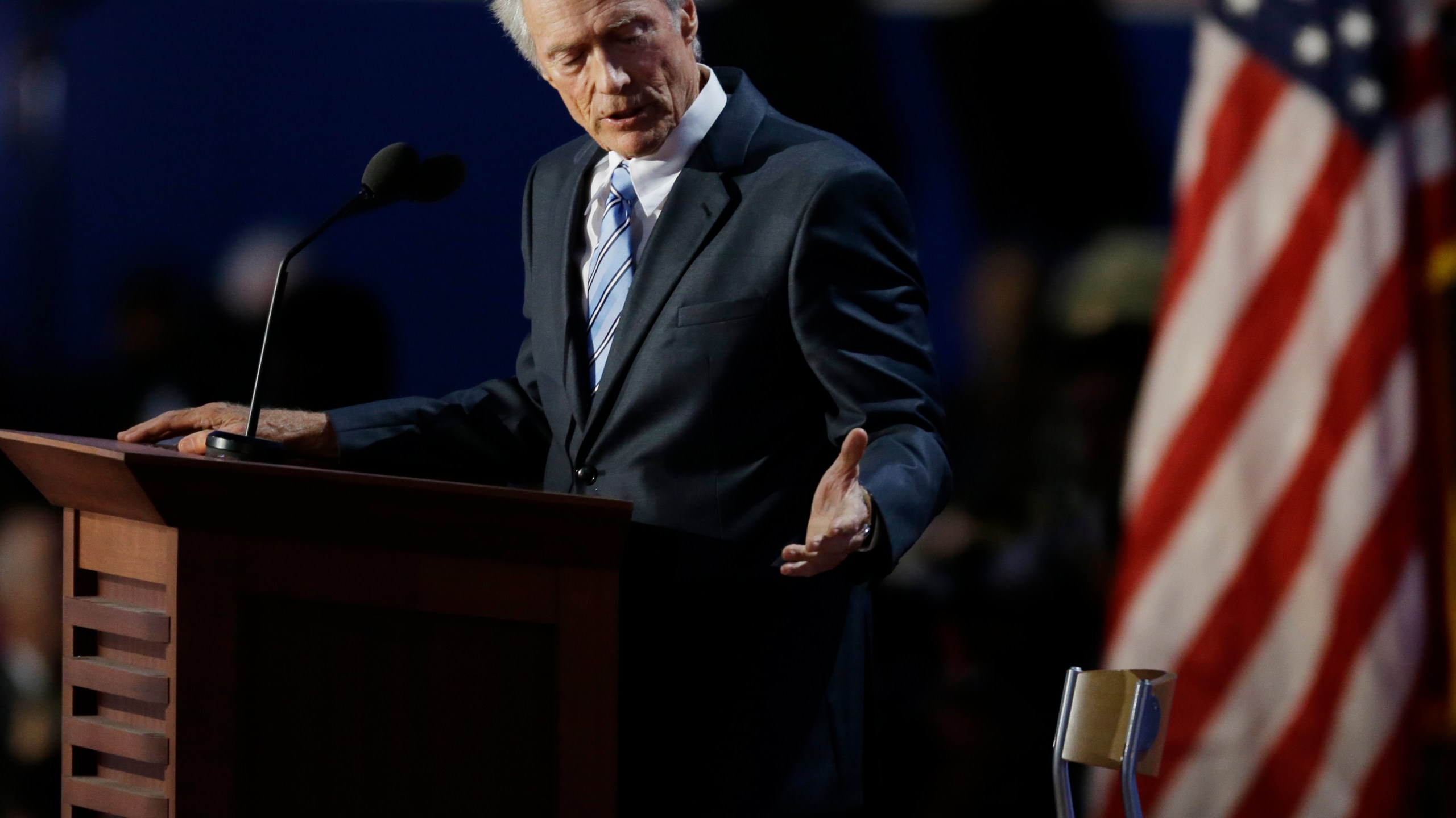 FILE - Actor and director Clint Eastwood speaks to an empty chair while addressing delegates during the Republican National Convention, Aug. 30, 2012, in Tampa, Fla. (AP Photo/Lynne Sladky, File)