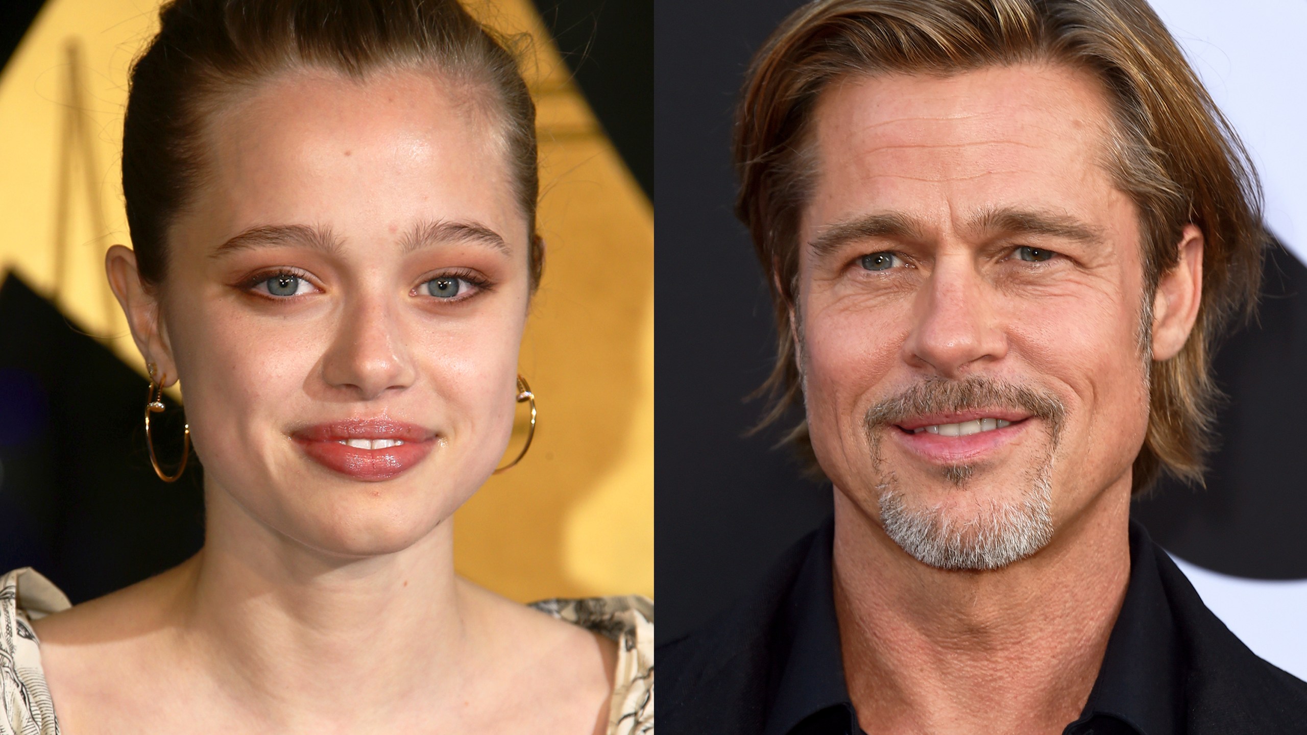 This combination of photos shows Shiloh Jolie at the London premiere of "Eternals" on Oct. 27, 2021, left, and Brad Pitt at a special screening of "Ad Astra" in Los Angeles on Sept. 18, 2019. (AP Photo)