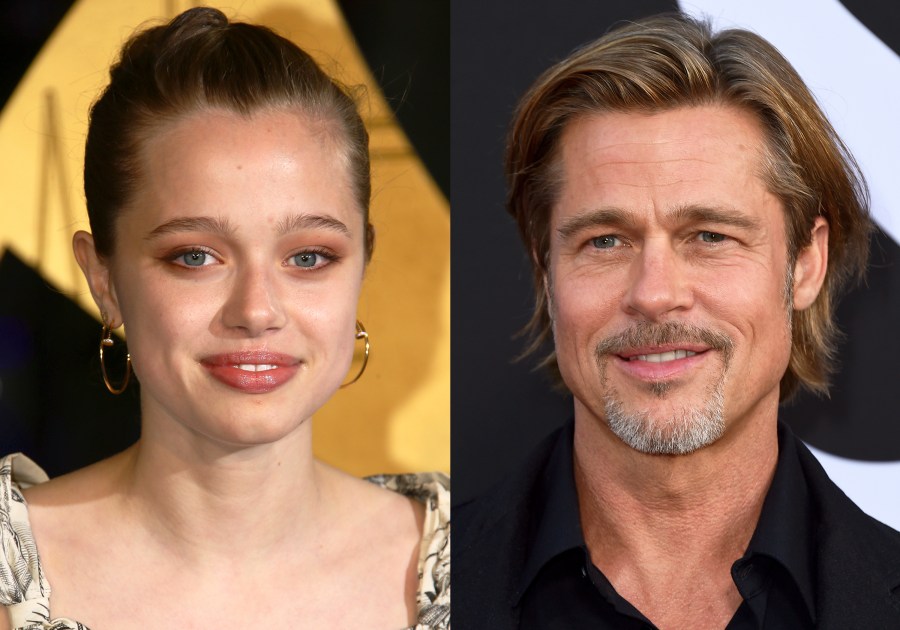 This combination of photos shows Shiloh Jolie at the London premiere of "Eternals" on Oct. 27, 2021, left, and Brad Pitt at a special screening of "Ad Astra" in Los Angeles on Sept. 18, 2019. (AP Photo)