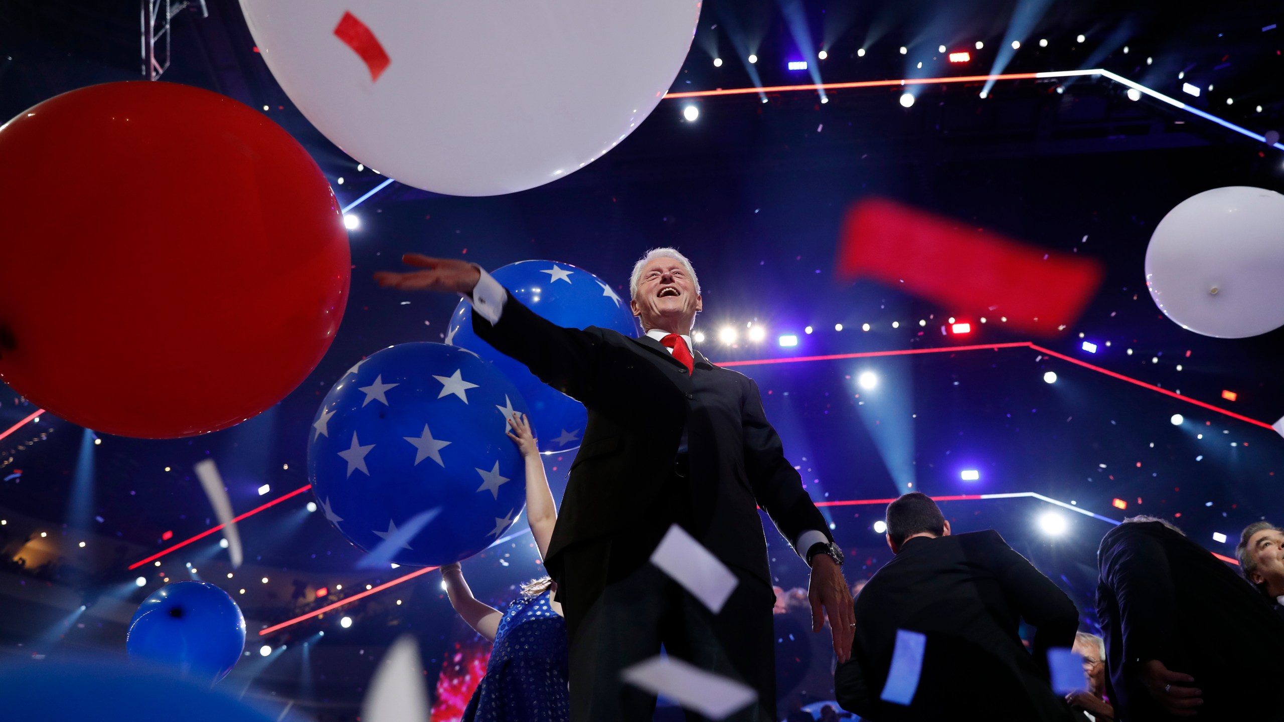 FILE - Former President Bill Clinton smiles as balloons fall during the final day of the Democratic National Convention, July 28, 2016, in Philadelphia. (AP Photo/Carolyn Kaster, file)