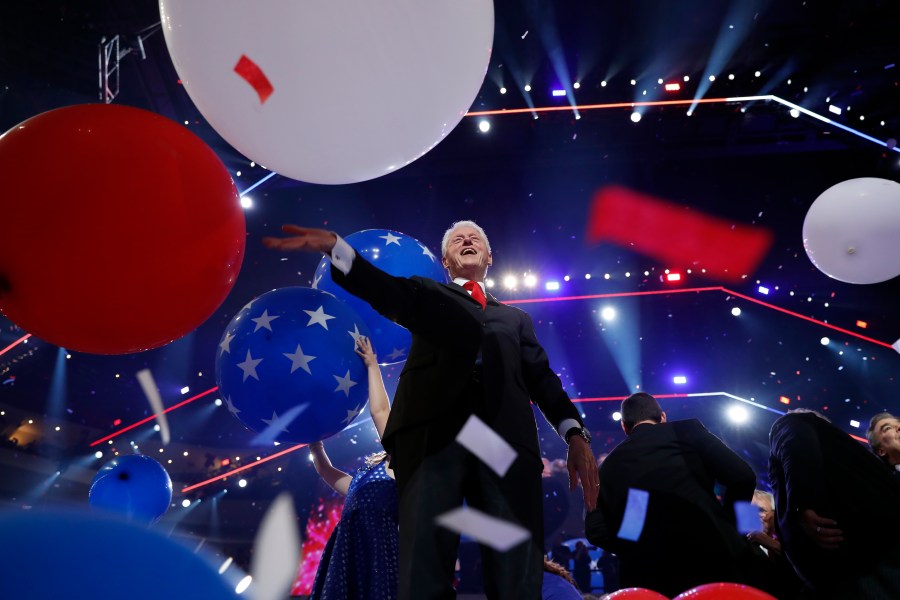 FILE - Former President Bill Clinton smiles as balloons fall during the final day of the Democratic National Convention, July 28, 2016, in Philadelphia. (AP Photo/Carolyn Kaster, file)