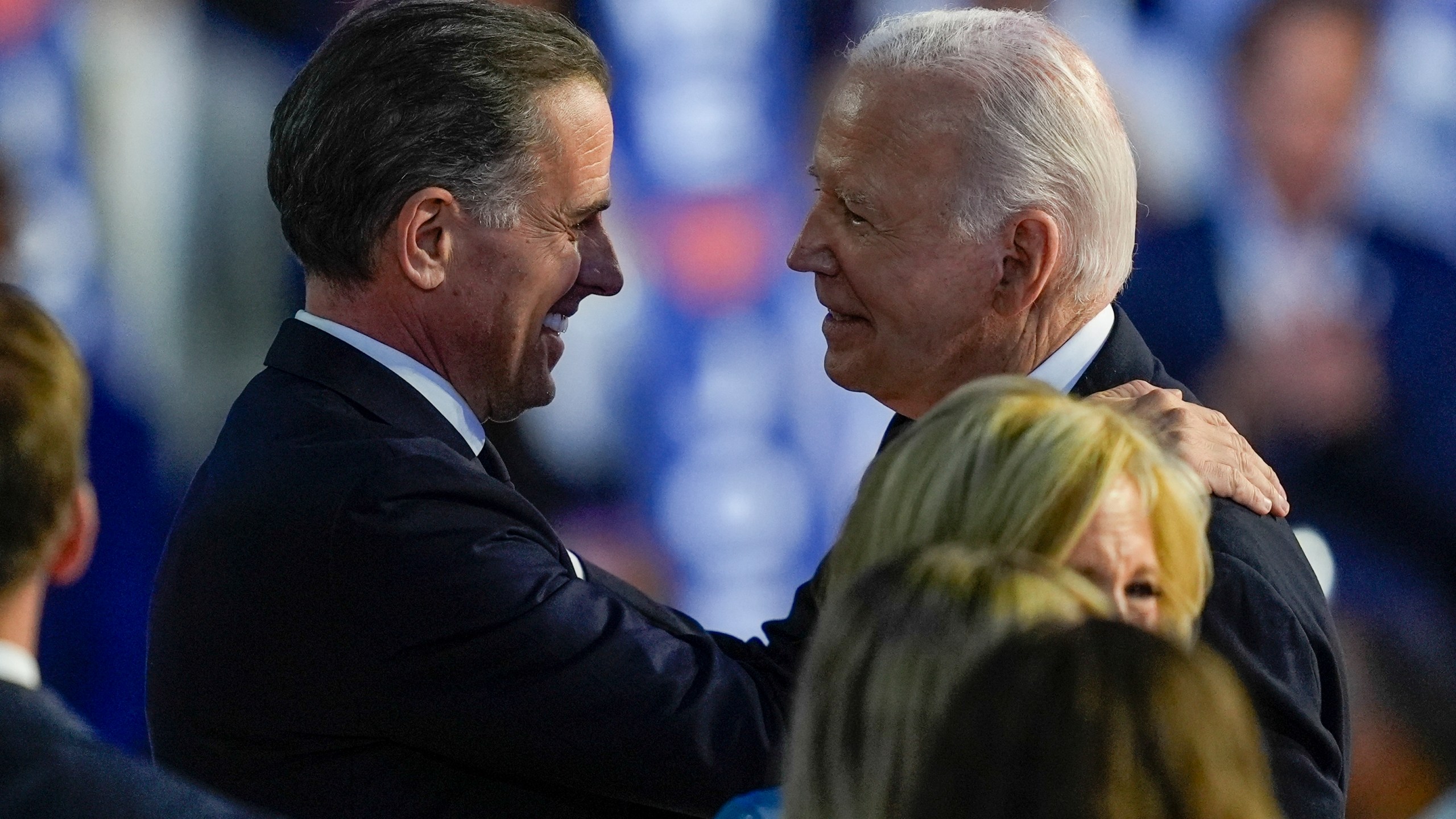 President Biden hugs his son Hunter Biden during the Democratic National Convention Monday, Aug. 19, 2024, in Chicago. (AP Photo/Matt Rourke)