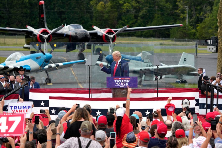 Republican presidential nominee former President Donald Trump speaks during a campaign event in Asheboro, N.C., Wednesday, Aug. 21, 2024. (AP Photo/Chuck Burton)