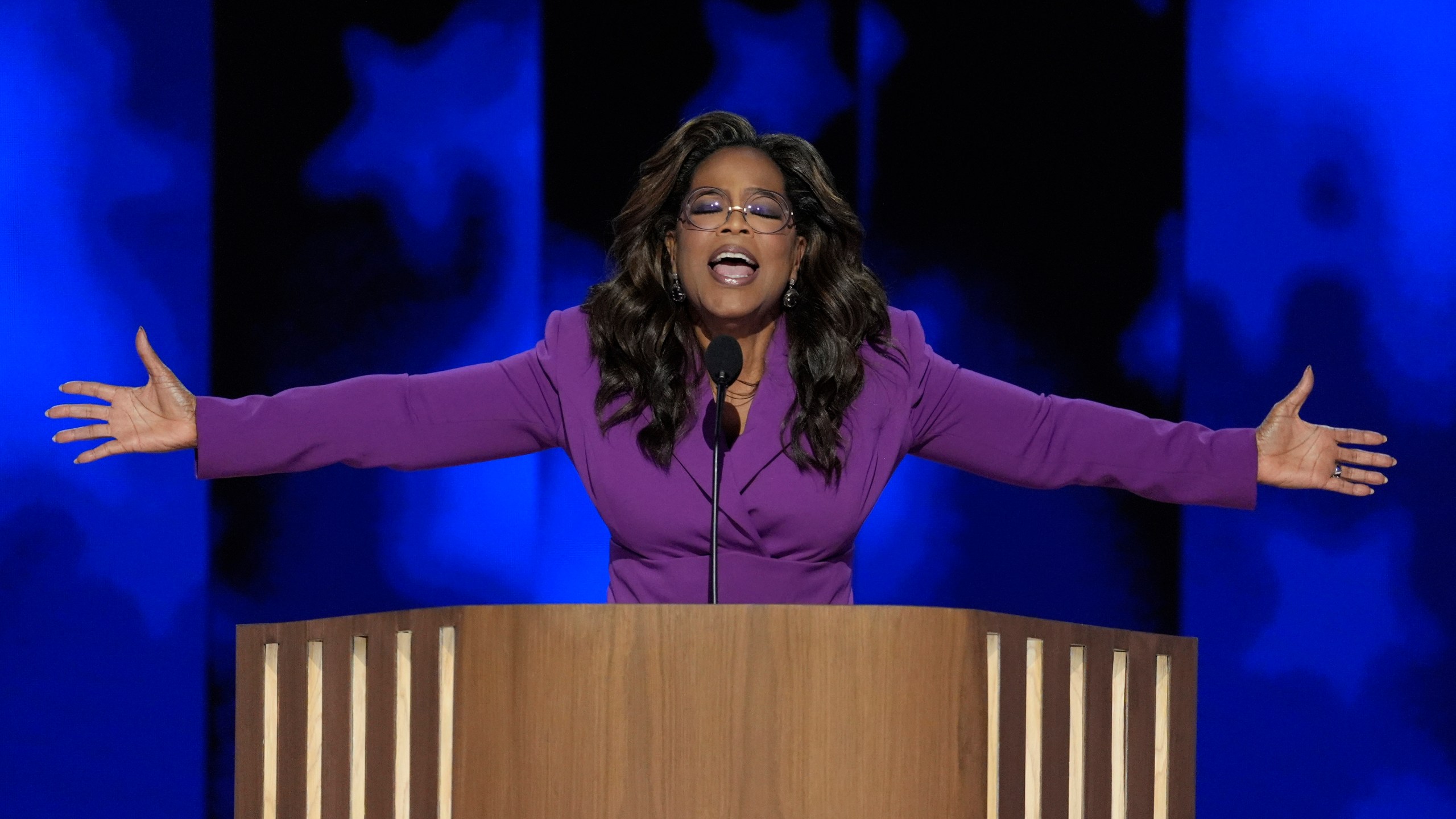 Oprah Winfrey speaks during the Democratic National Convention Wednesday, Aug. 21, 2024, in Chicago. (AP Photo/J. Scott Applewhite)