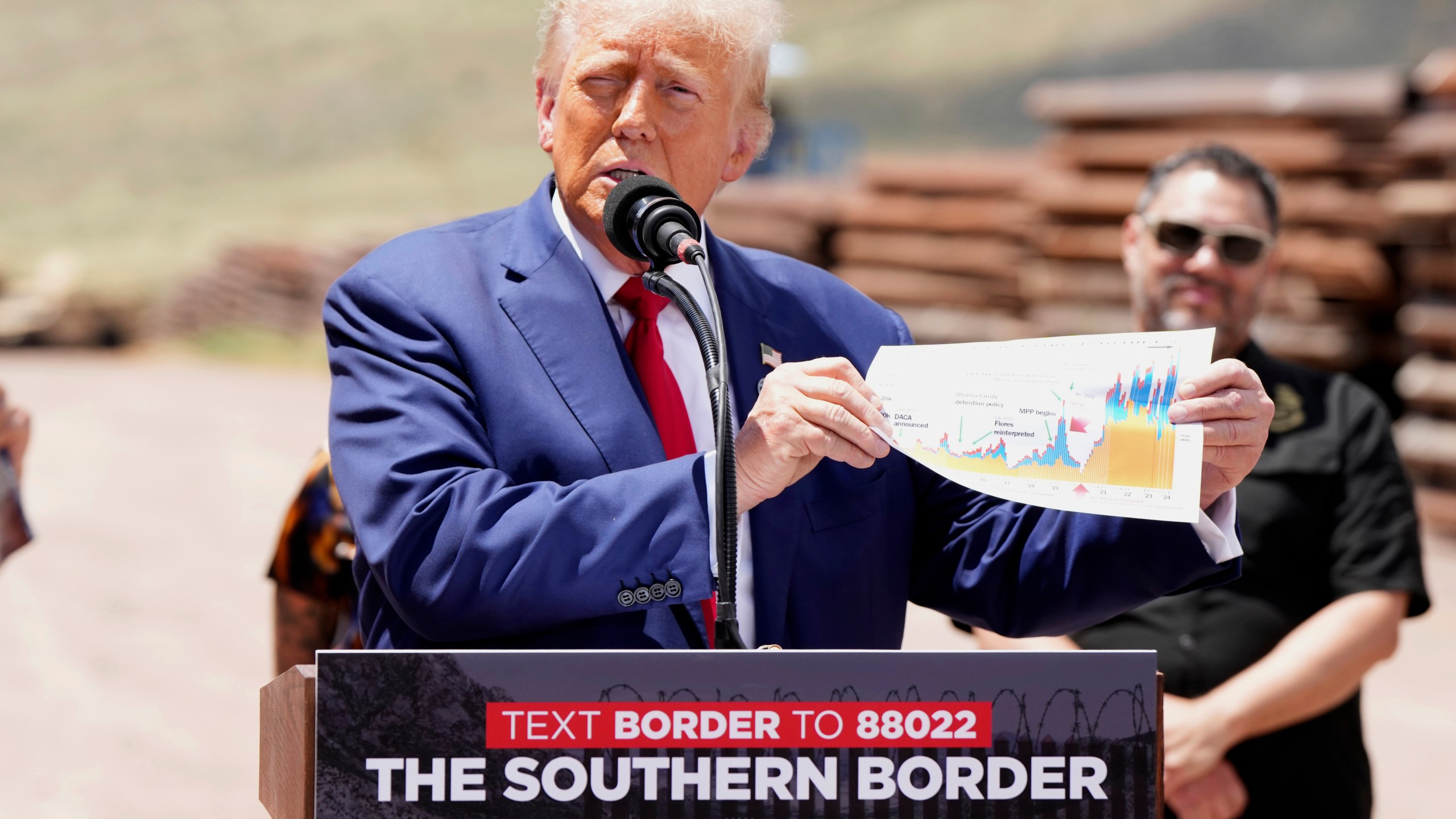 Former President Donald Trump speaks during a campaign event in front of the US-Mexico border, Thursday, Aug 22, 2024, in Sierra Vista, Arizona. (AP Photo/Rick Scuteri)