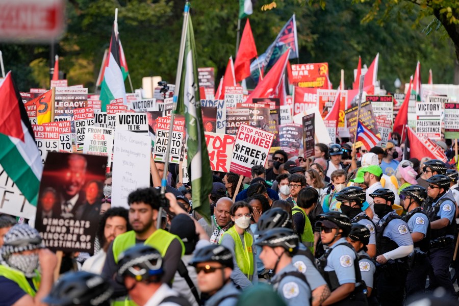 Protesters march during a demonstration near the Democratic National Convention Thursday, Aug. 22, 2024, in Chicago. (AP Photo/Alex Brandon)