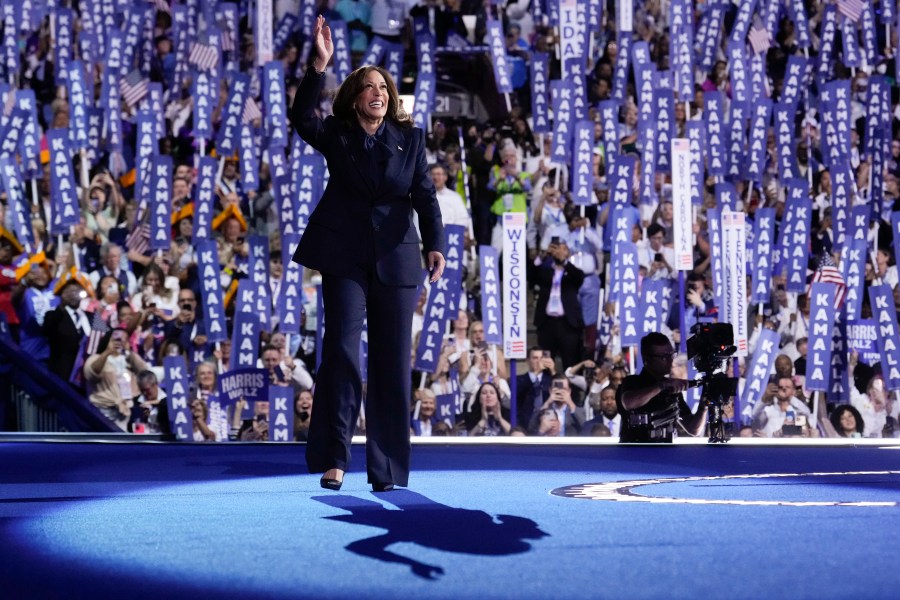 Democratic presidential nominee Vice President Kamala Harris arrives to speak on the final day of the Democratic National Convention, Thursday, Aug. 22, 2024, in Chicago. (AP Photo/Jacquelyn Martin)