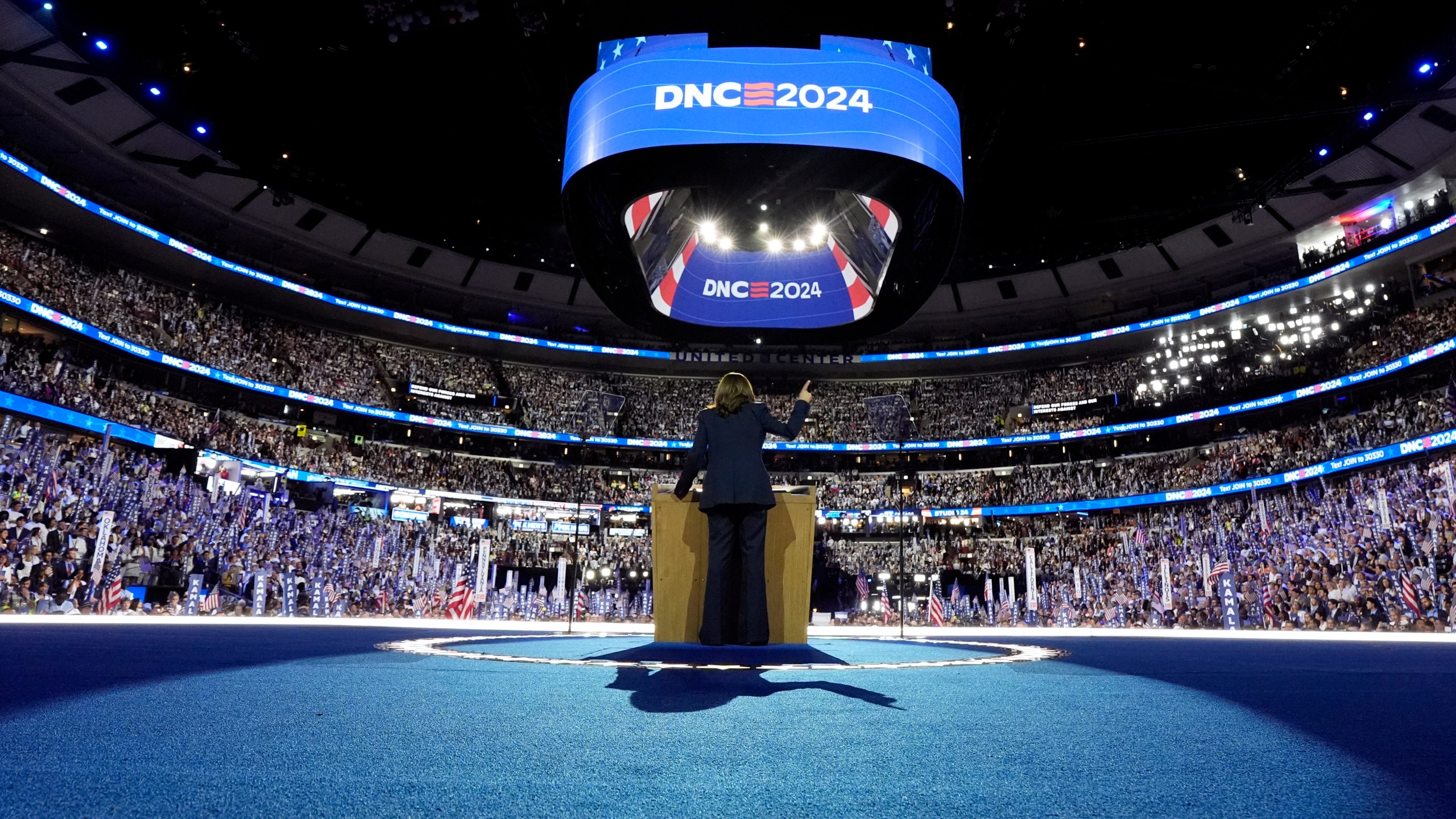 Democratic presidential nominee Vice President Kamala Harris arrives to speak on the final night of the Democratic National Convention in Chicago, Thursday, Aug. 22, 2024. (Kent Nishimura/The New York Times via AP, Pool)