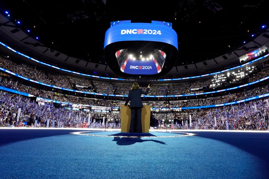 Democratic presidential nominee Vice President Kamala Harris arrives to speak on the final night of the Democratic National Convention in Chicago, Thursday, Aug. 22, 2024. (Kent Nishimura/The New York Times via AP, Pool)