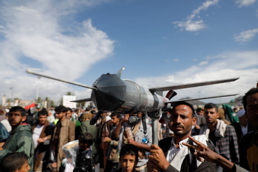 Houthi supporters attend an anti-Israel and anti-US rally in Sanaa, Yemen, Friday, Aug. 23, 2024. (AP Photo/Osamah Abdulrahman)