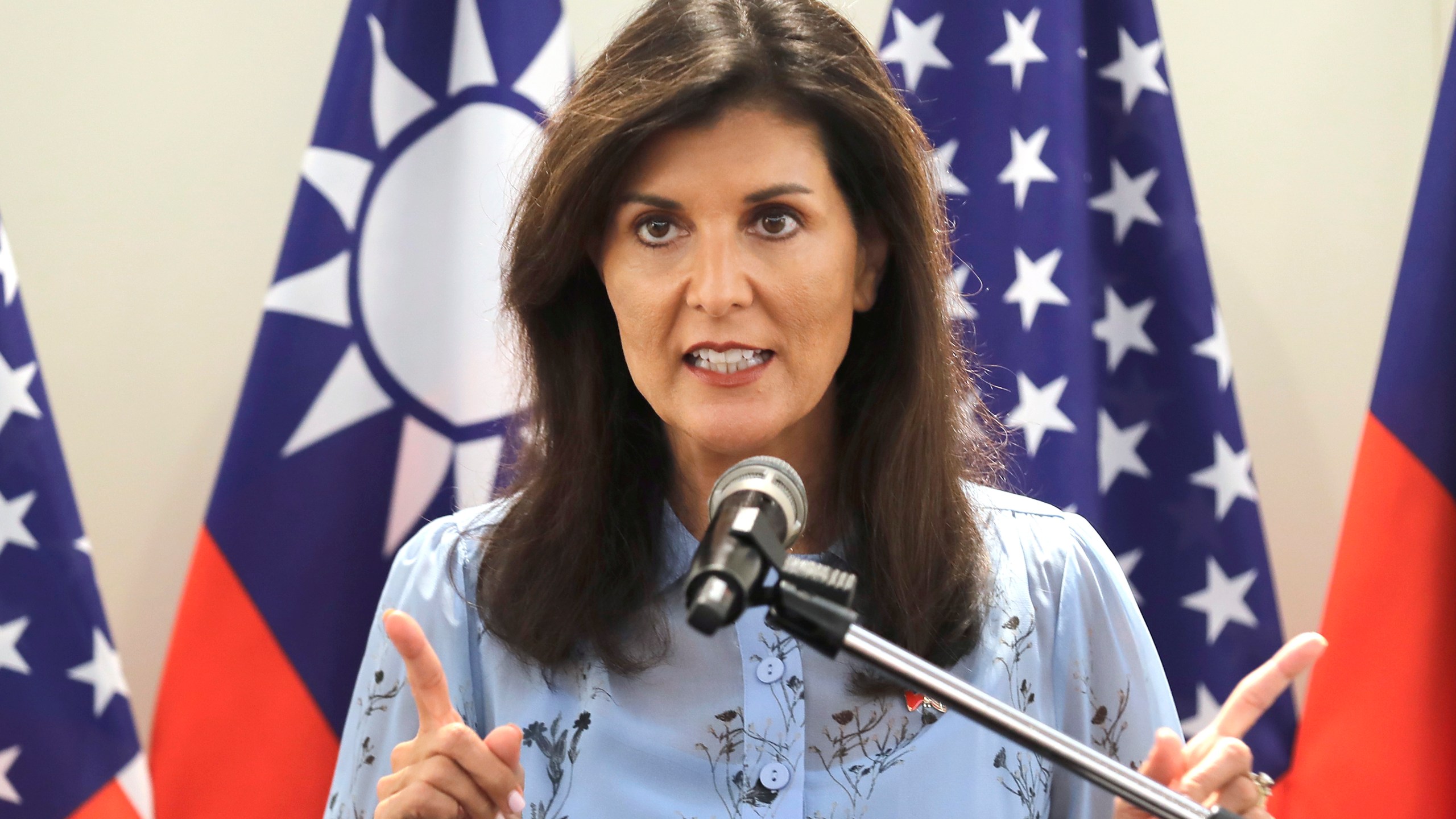 Nikki Haley, former United States Ambassador to the United Nations, speaks to media during her press conference before leaving Taipei, Taiwan, Saturday, Aug. 24, 2024. (AP Photo/Chiang Ying-ying)