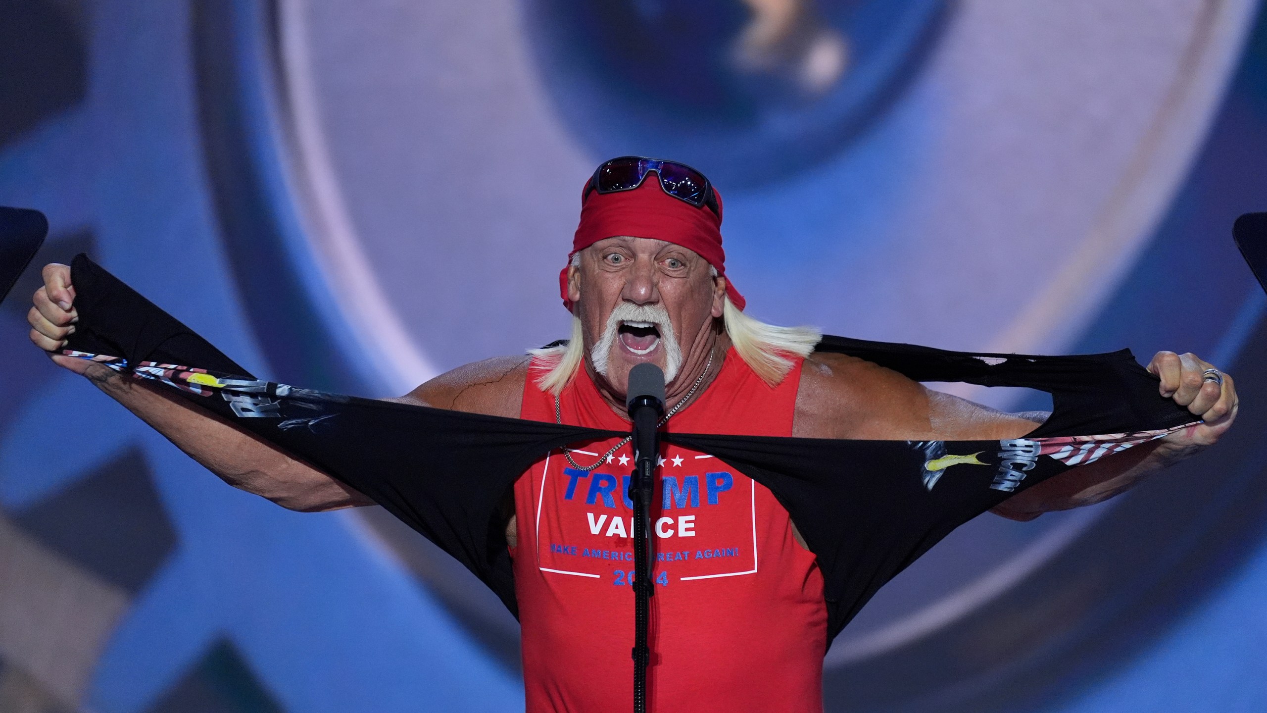 FILE - Hulk Hogan tears off his shirt while speaking on the final night of the Republican National Convention on Thursday, July 18, 2024, in Milwaukee. (AP Photo/J. Scott Applewhite, File)