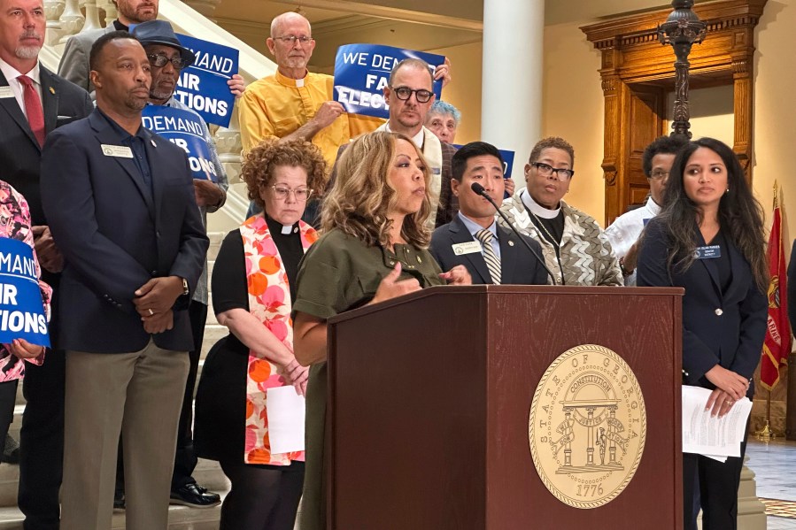 U.S. Rep Lucy McBath (D-Ga.) speaks at a news conference criticizing the State Election Board on Monday, Aug. 26, 2024, at the Georgia Capitol in Atlanta. (AP Photo/Jeff Amy)