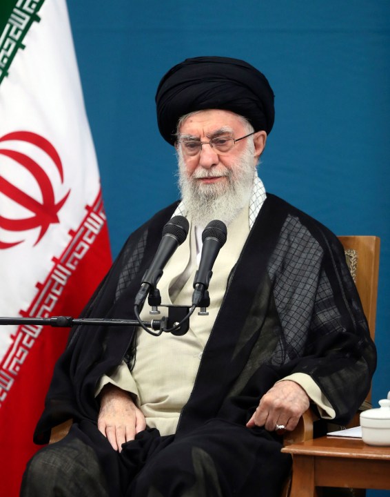 In this photo released by the official website of the office of the Iranian supreme leader, Supreme Leader Ayatollah Ali Khamenei attends a meeting with the President Masoud Pezeshkian's administration, in Tehran, Iran, Tuesday, Aug. 27, 2024. Iran's supreme leader opened the door Tuesday to renewed negotiations with the United States over his country's rapidly advancing nuclear program, telling its civilian government there was "no barrier" to engaging with its "enemy." (Office of the Iranian Supreme Leader via AP)