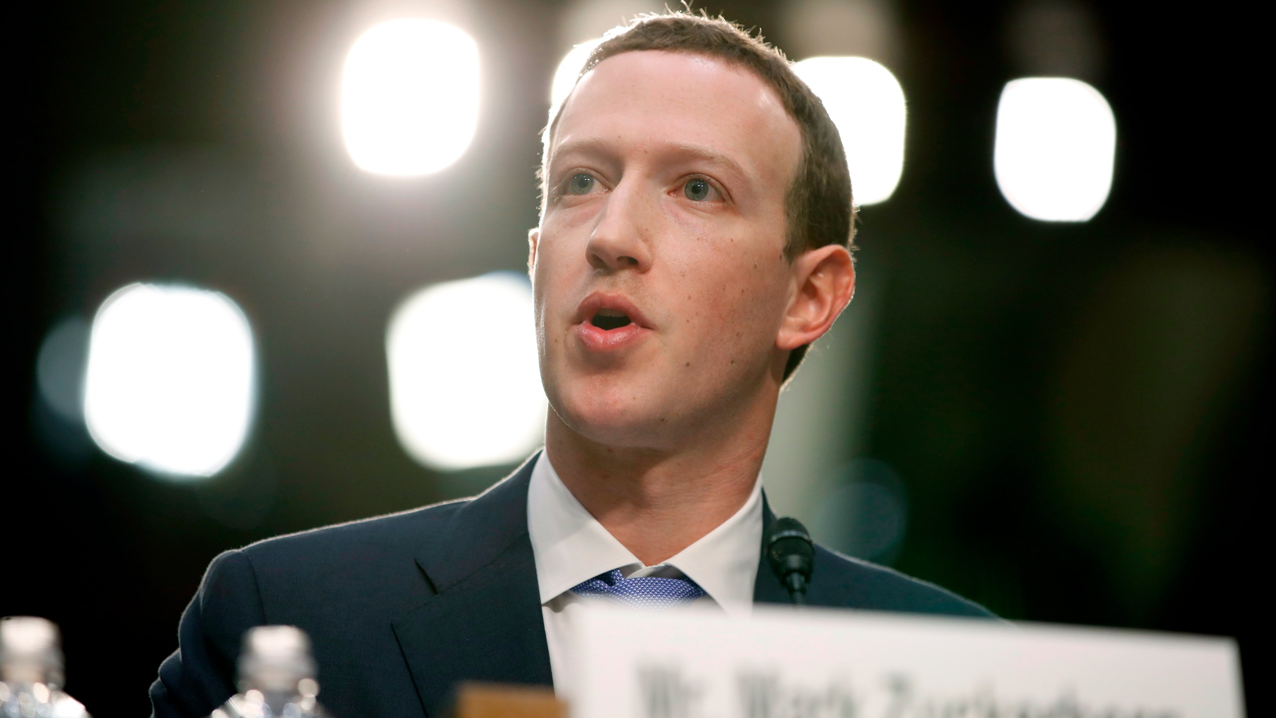 FILE - Facebook CEO Mark Zuckerberg testifies before a joint hearing of the Commerce and Judiciary Committees on Capitol Hill in Washington, April 10, 2018. (AP Photo/Alex Brandon, File)