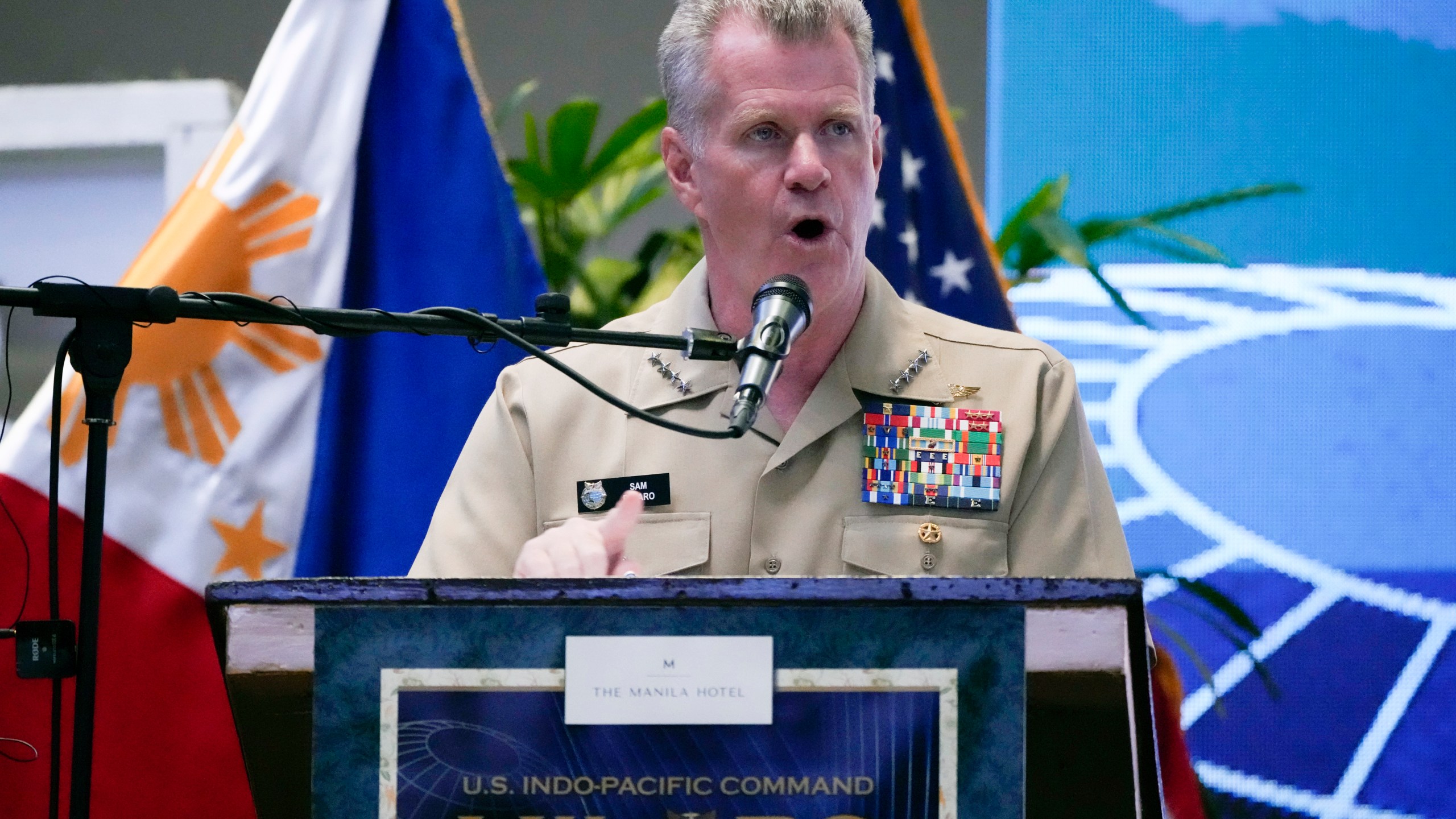 U.S. Indo-Pacific Command Commander Admiral Samuel Paparo delivers his speech during an international military conference organized by the U.S. Indo-Pacific Command on Tuesday, Aug. 27, 2024, in Manila, Philippines. (AP Photo/Aaron Favila)