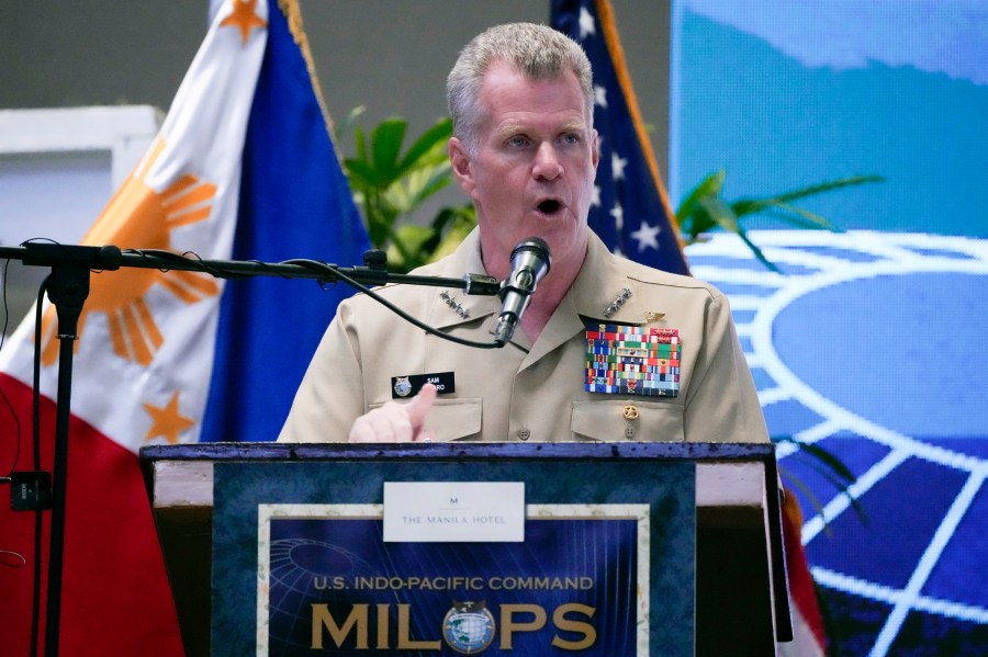 U.S. Indo-Pacific Command Commander Admiral Samuel Paparo delivers his speech during an international military conference organized by the U.S. Indo-Pacific Command on Tuesday, Aug. 27, 2024, in Manila, Philippines. (AP Photo/Aaron Favila)