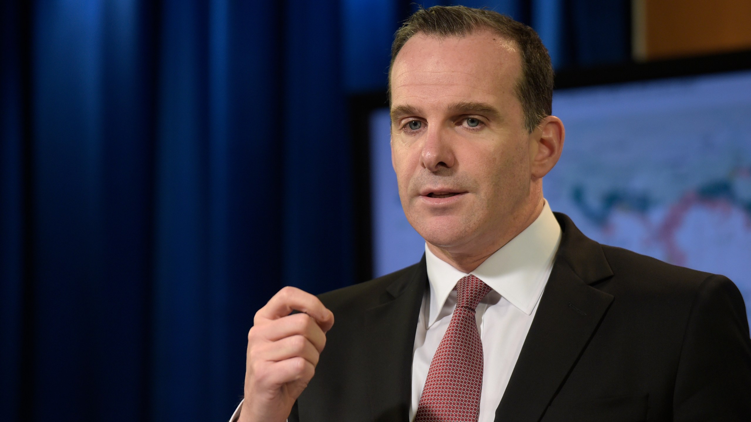 FILE - Brett McGurk, U.S. envoy for the global coalition against IS, speaks during a briefing at the State Department in Washington, Aug. 4, 2017, (AP Photo/Susan Walsh, File)