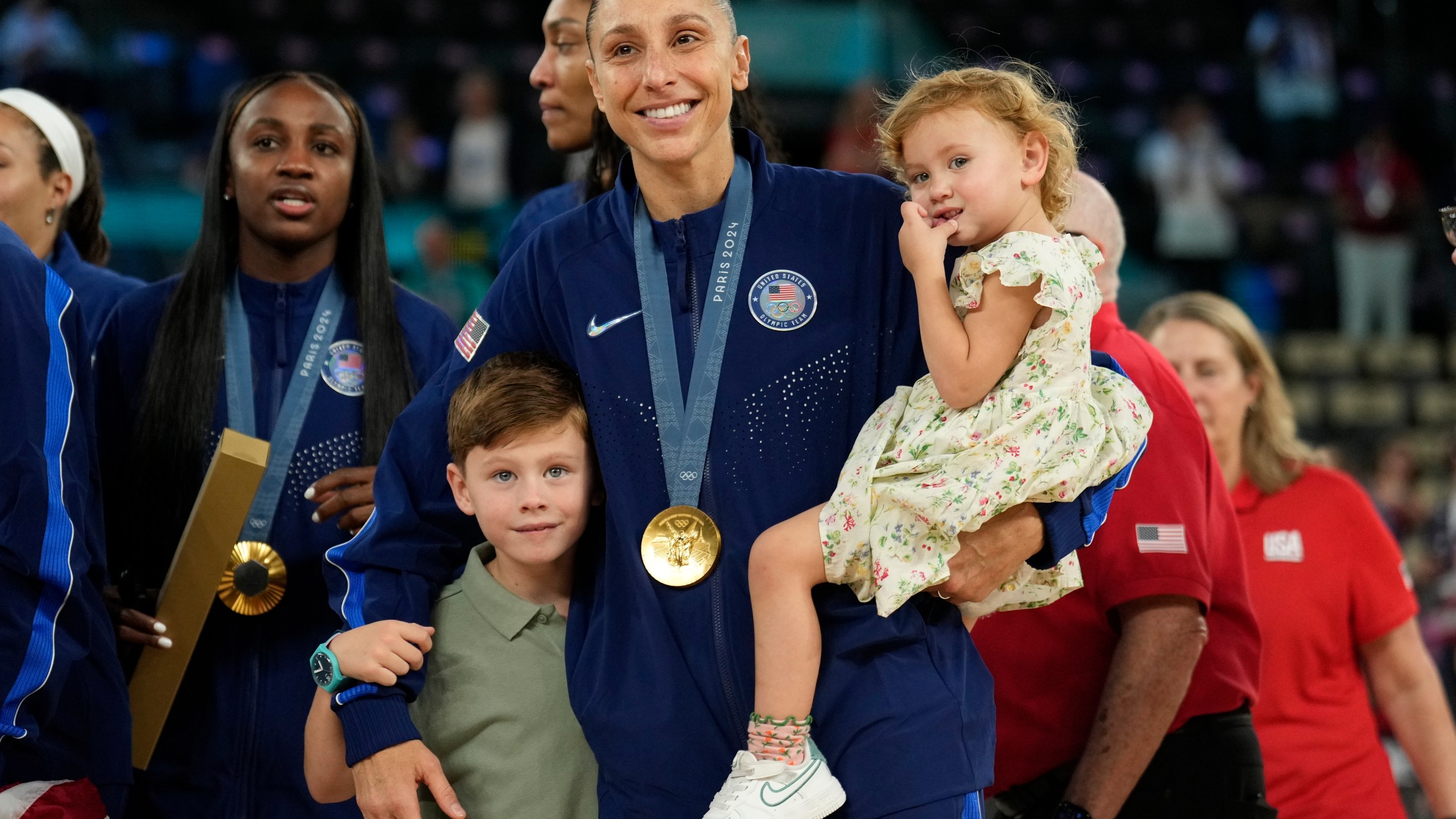 United States' Diana Taurasi is seen after a women's gold medal basketball game at Bercy Arena at the 2024 Summer Olympics, Sunday, Aug. 11, 2024, in Paris, France. (AP Photo/Mark J. Terrill)