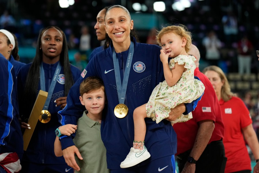 United States' Diana Taurasi is seen after a women's gold medal basketball game at Bercy Arena at the 2024 Summer Olympics, Sunday, Aug. 11, 2024, in Paris, France. (AP Photo/Mark J. Terrill)