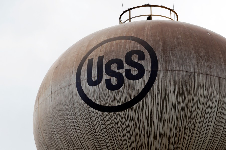 FILE - A U.S. Steel logo is seen on a water tower, May 2, 2019, at U.S. Steel's Edgar Thomson Works in Braddock, Pa. (AP Photo/Gene J. Puskar, File)