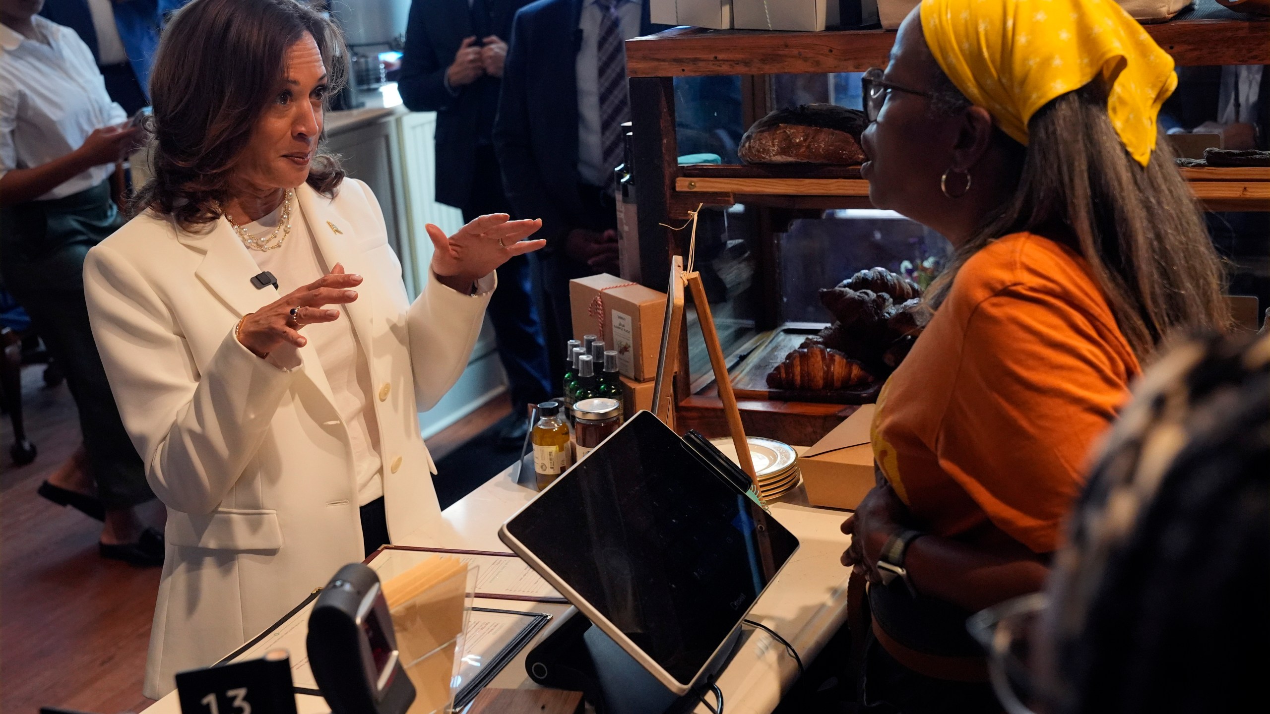 Democratic presidential nominee Vice President Kamala Harris talks during a stop at Dottie's Market in Savannah, Ga., Thursday, Aug. 29, 2024. (AP Photo/Jacquelyn Martin)