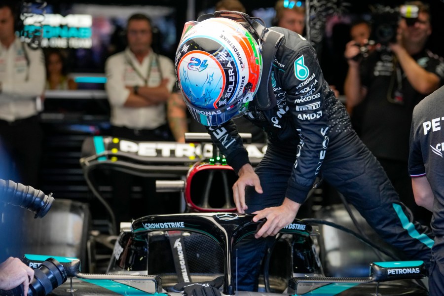 Mercedes driver Andrea Kimi Antonelli of Italy enters his car during the first free practice ahead of the Formula One Italian Grand Prix race at the Monza racetrack, in Monza, Italy, Friday, Aug. 30, 2024. (AP Photo/Luca Bruno)