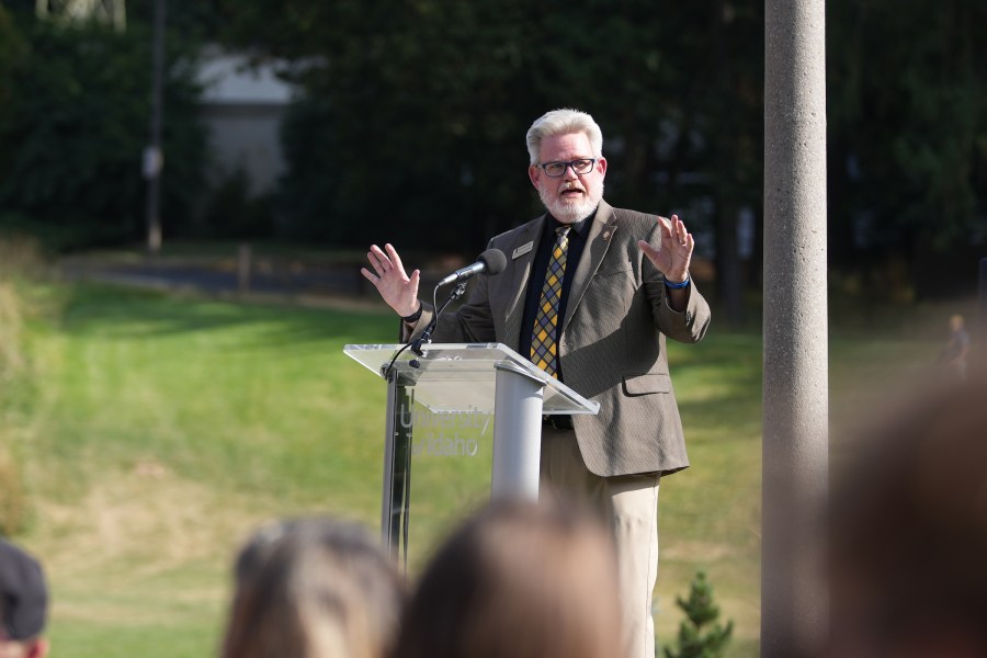 Blaine Eckles, vice provost for Student Affairs and Dean of Students at University of Idaho, speaks at the Vandal Healing Garden and Memorial dedication ceremony on Aug. 21, 2024.