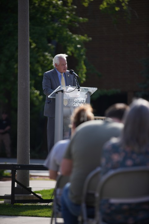 University of Idaho President Scott Green congratulated the Department of Art and Architecture students who worked over the summer to build the gardens and sculptures at the ceremony on Aug. 21, 2024.