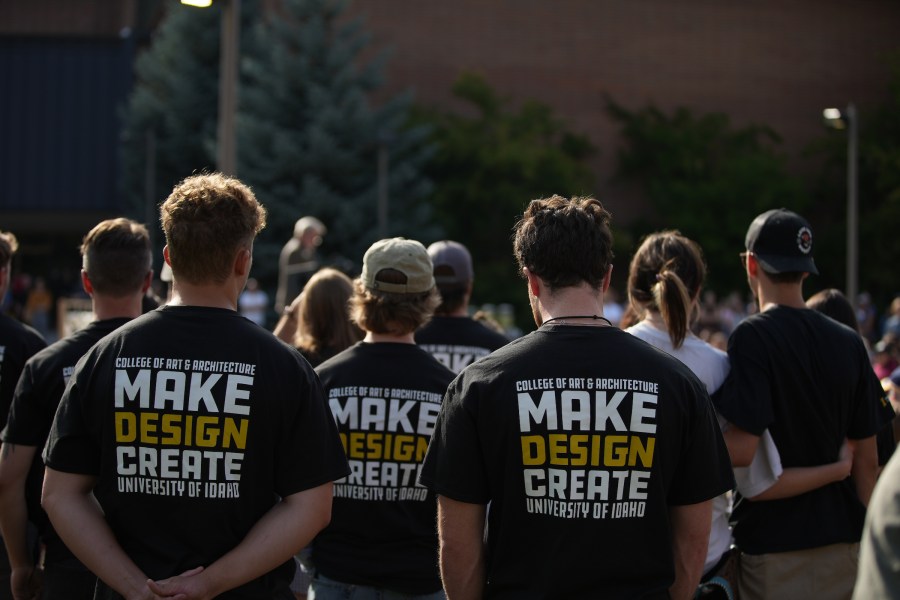 University of Idaho students who designed and built the Vandal Healing Garden and Memorial gather at the dedication ceremony on Aug. 21, 2024.