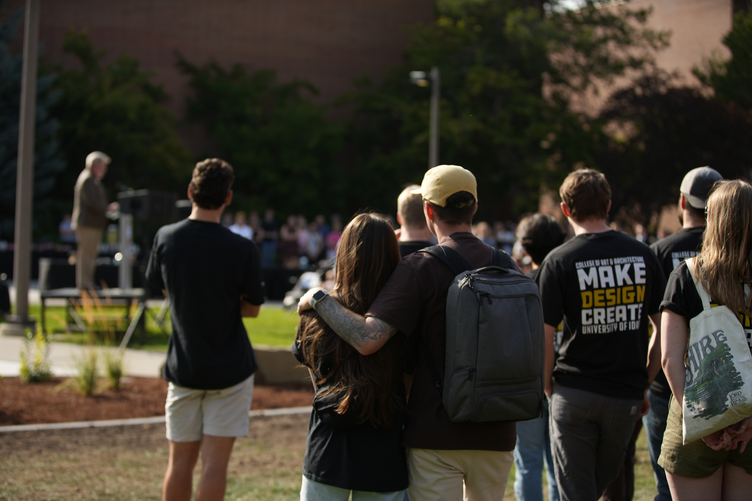 University of Idaho students who designed and built the Vandal Healing Garden and Memorial gather at the dedication ceremony on Aug. 21, 2024.