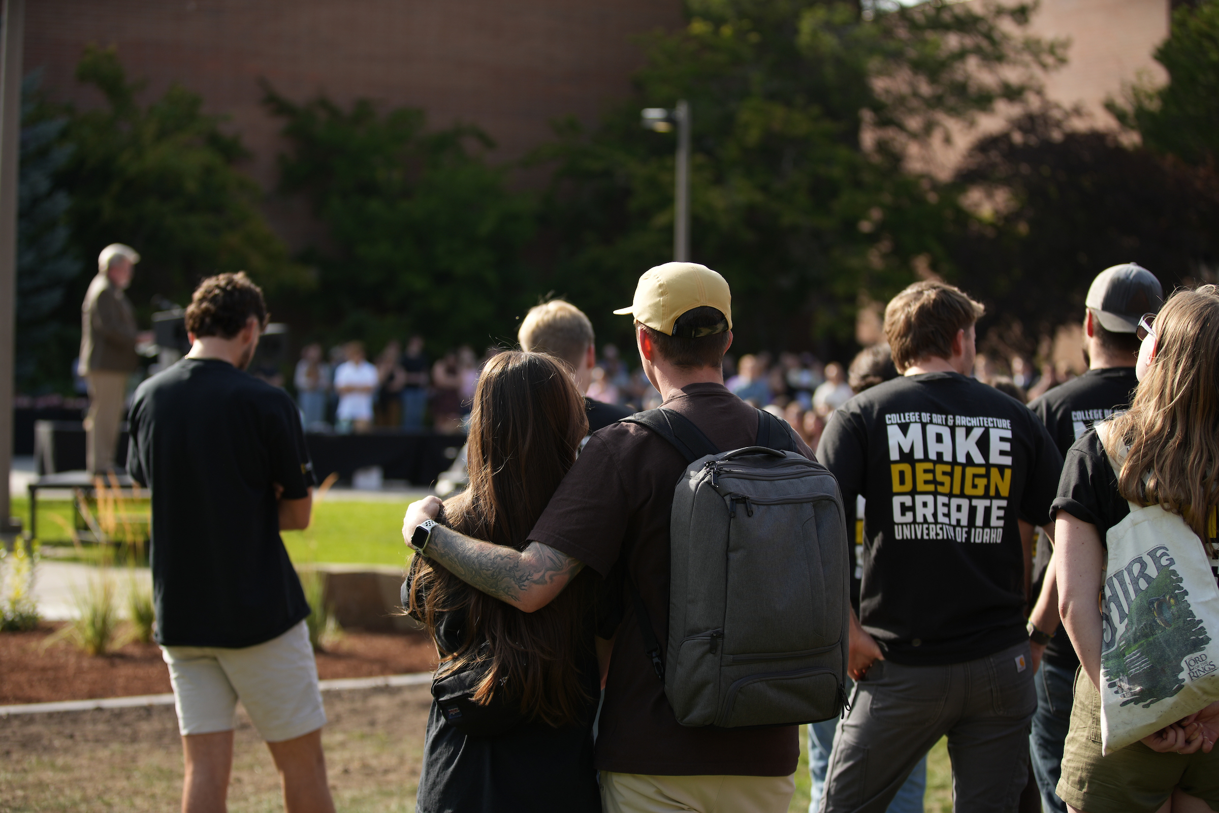 University of Idaho students who designed and built the Vandal Healing Garden and Memorial gather at the dedication ceremony on Aug. 21, 2024.