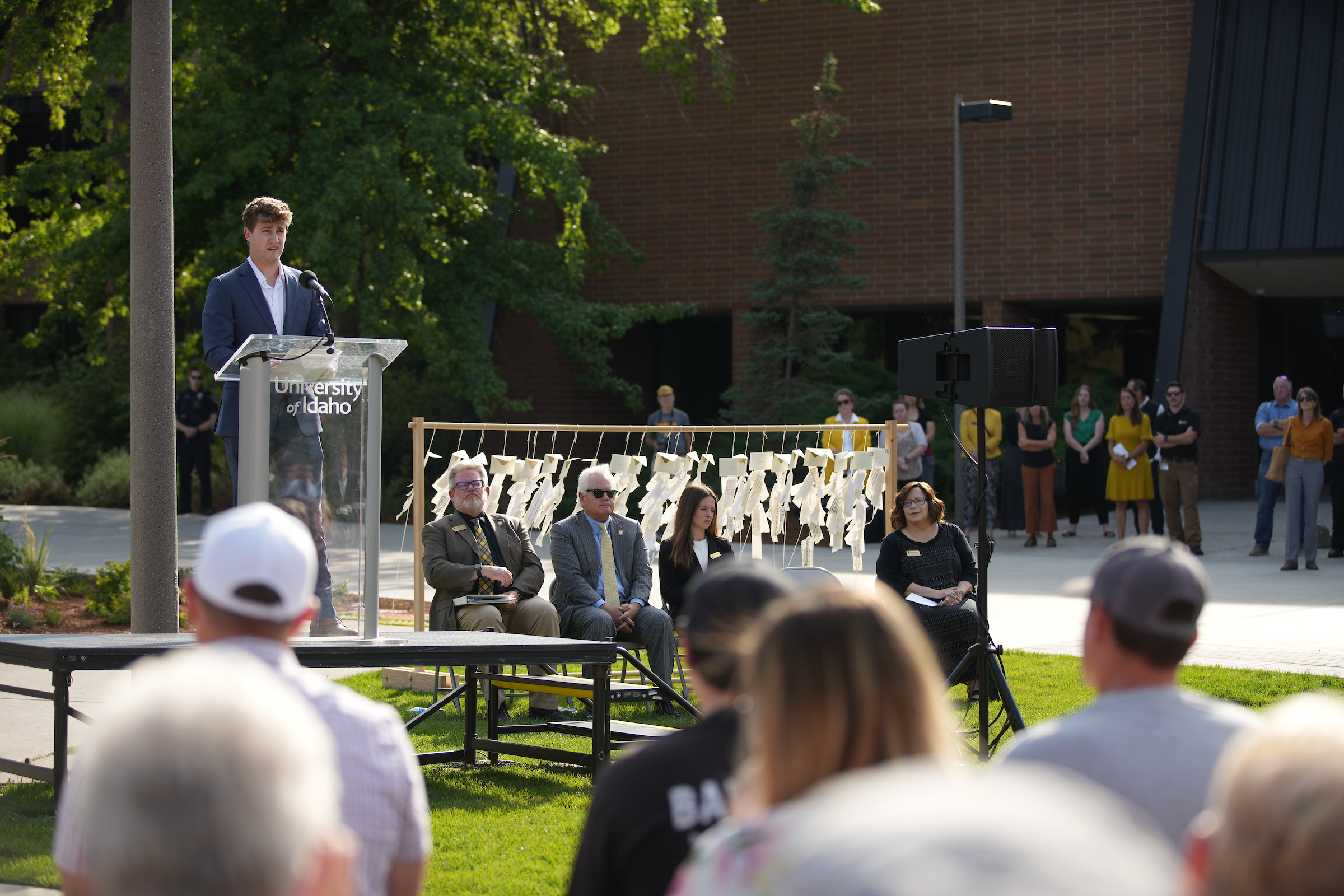 University of Idaho community members gather at the Vandal Healing Garden and Memorial dedication ceremony on Aug. 21, 2024.