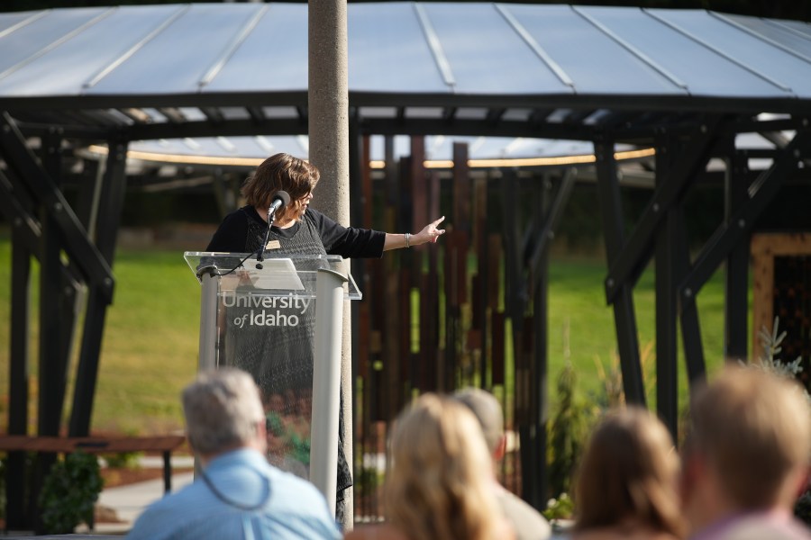 Shauna Corry, Dean of the College of Art and Architecture at the University of Idaho, speaks at the Vandal Healing Garden and Memorial dedication ceremony on Aug. 21, 2024.