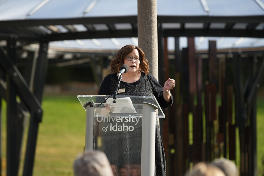 Shauna Corry, Dean of the College of Art and Architecture at the University of Idaho, speaks at the Vandal Healing Garden and Memorial dedication ceremony on Aug. 21, 2024.