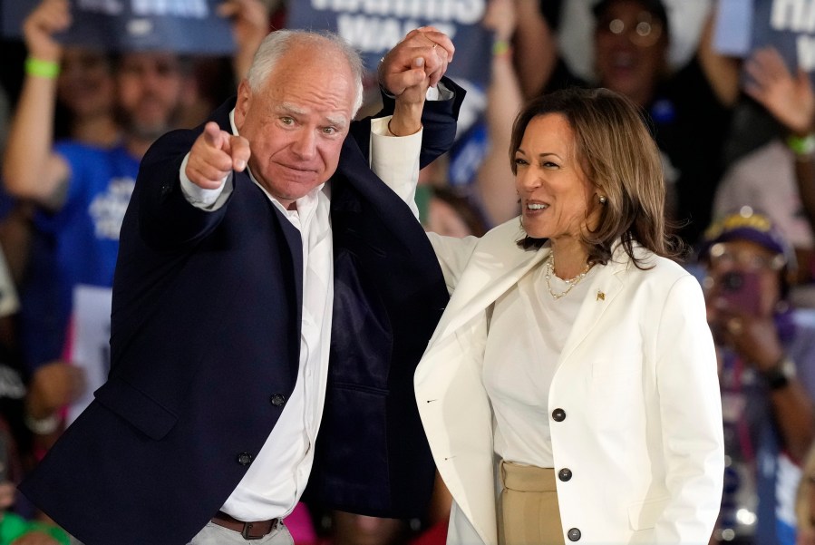 Tim Walz and Kamala Harris at a rally