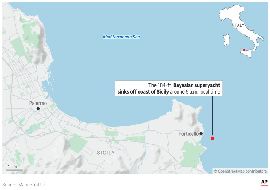 A map of where a superyacht sunk off the coast of Sicily on August 19.