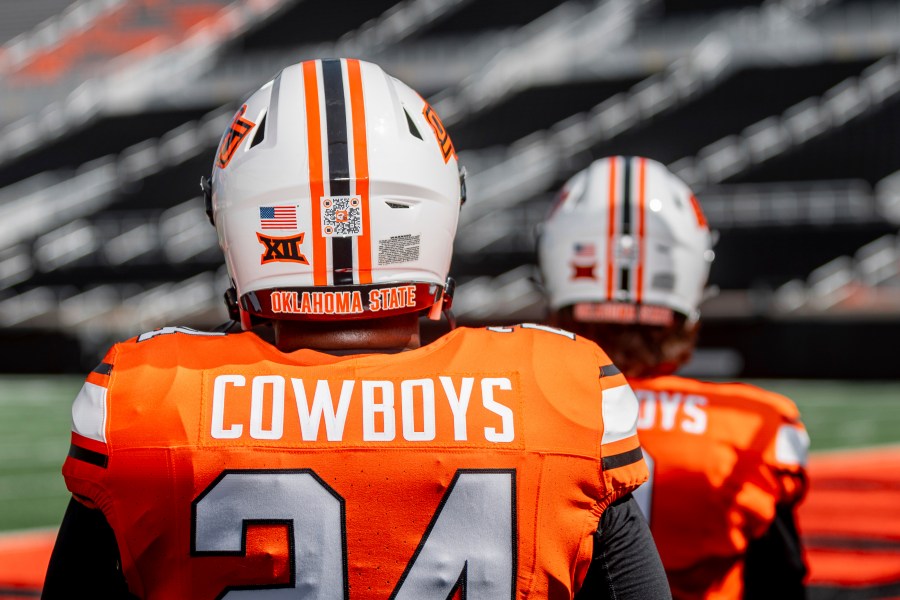 A QR code on an Oklahoma State NCAA college football helmet is seen on Thursday, Aug. 15, 2024,