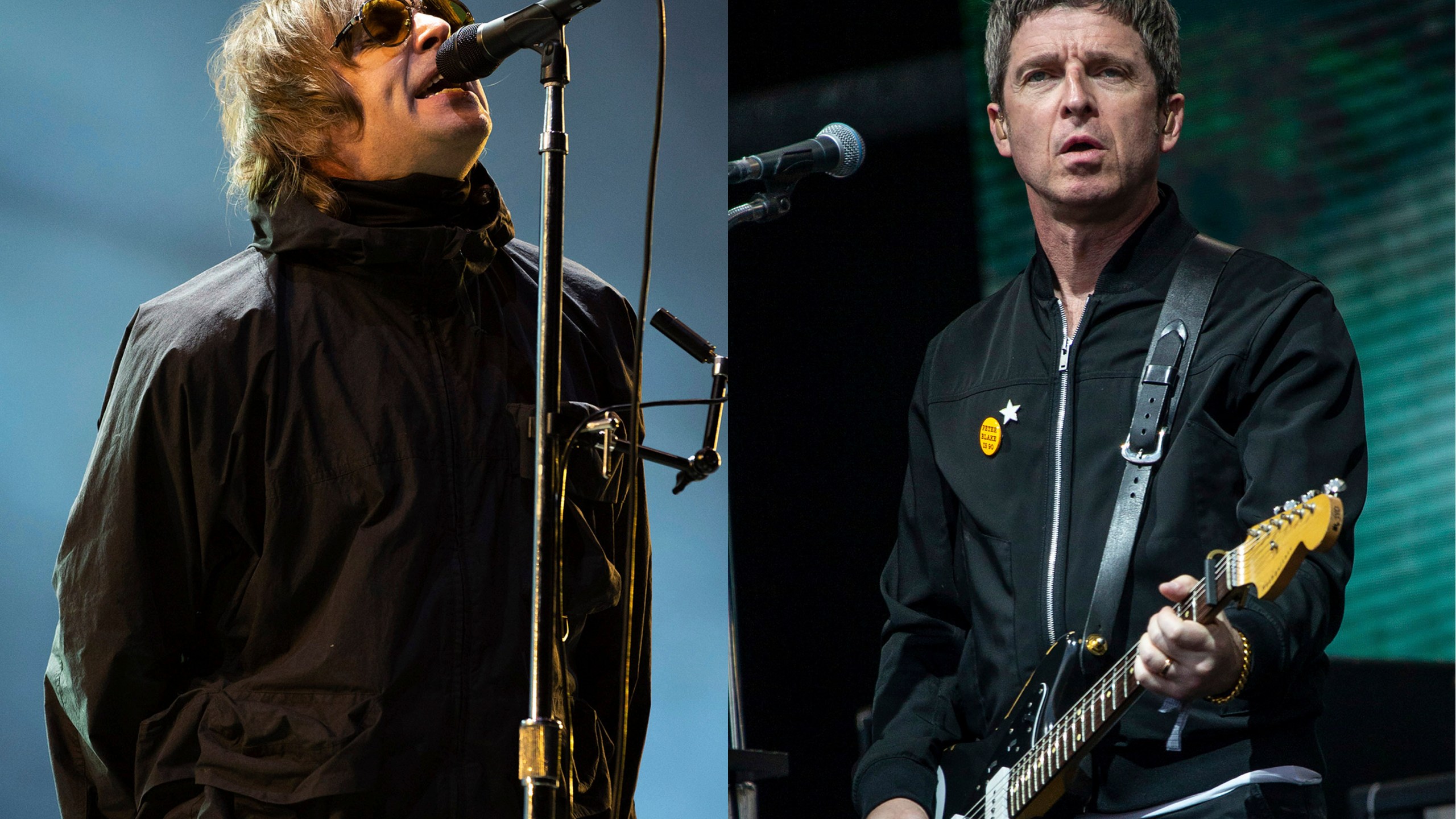 Left: Liam Gallagher performs in England on Aug. 29, 2021. Right: Noel Gallagher performs in England, on June 25, 2022.