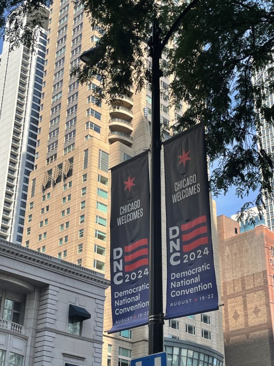 Banners welcoming the Democratic National Convention are prominently displayed around downtown Chicago