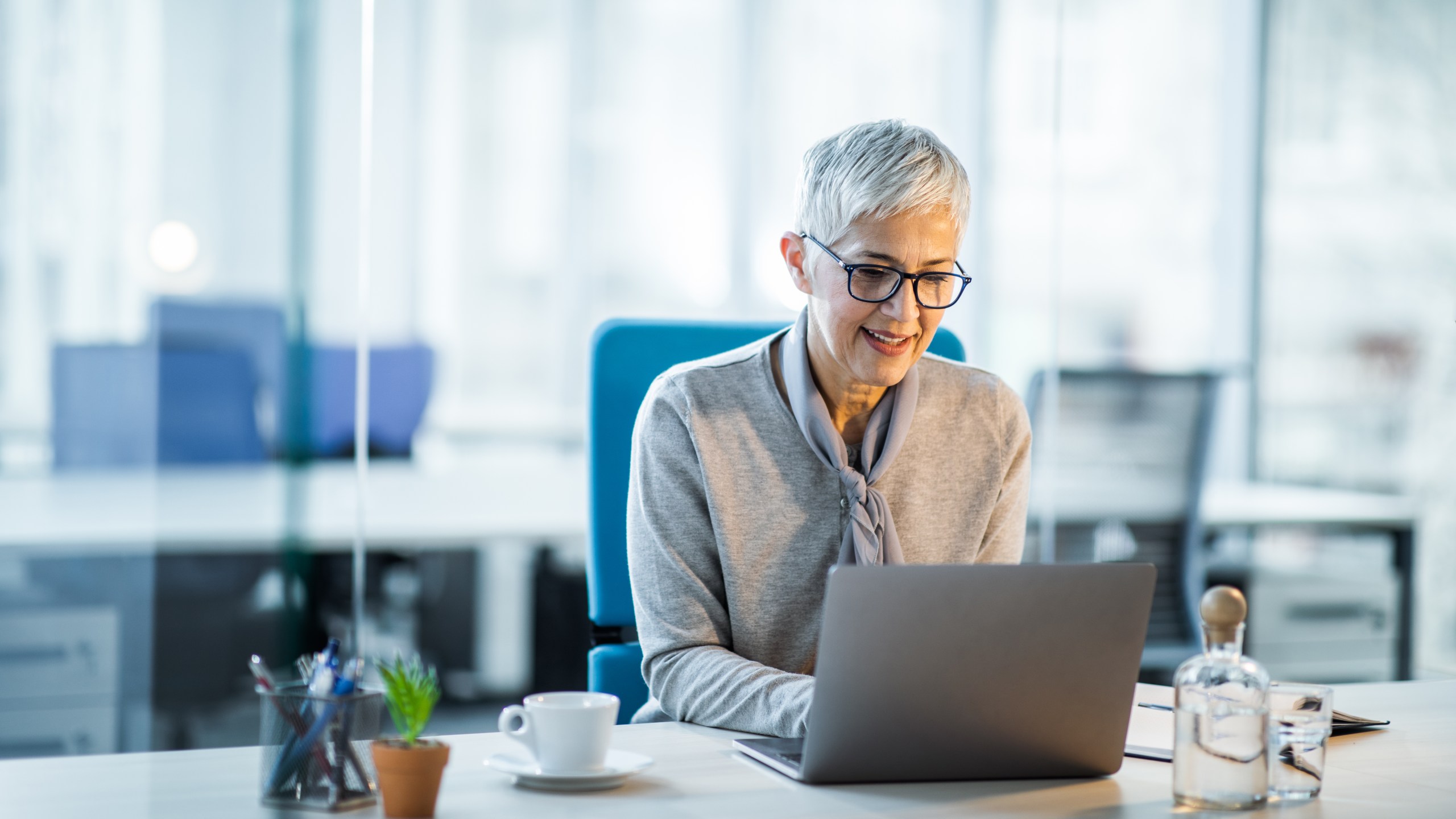 Smiling mature businesswoman sitting at her office and surfing the net on a computer.