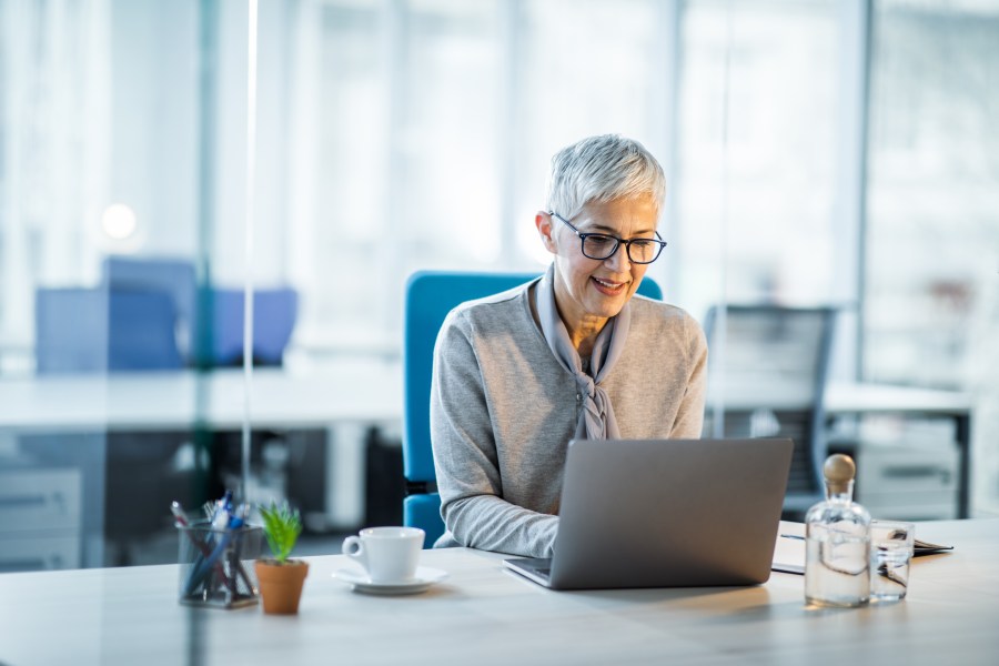 Smiling mature businesswoman sitting at her office and surfing the net on a computer.