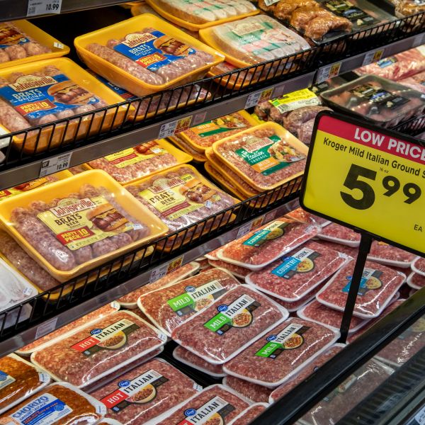 Sausage at a meat counter inside a Fred Meyer grocery store.