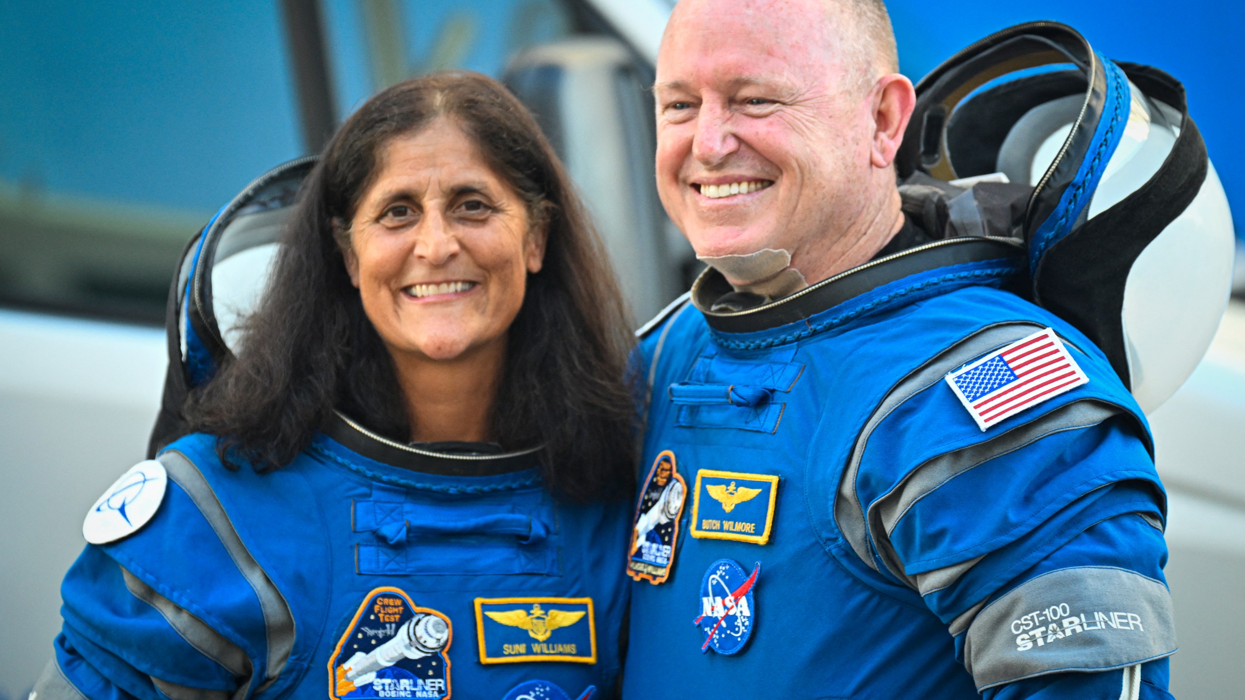 NASA astronauts Butch Wilmore (R) and Suni Williams